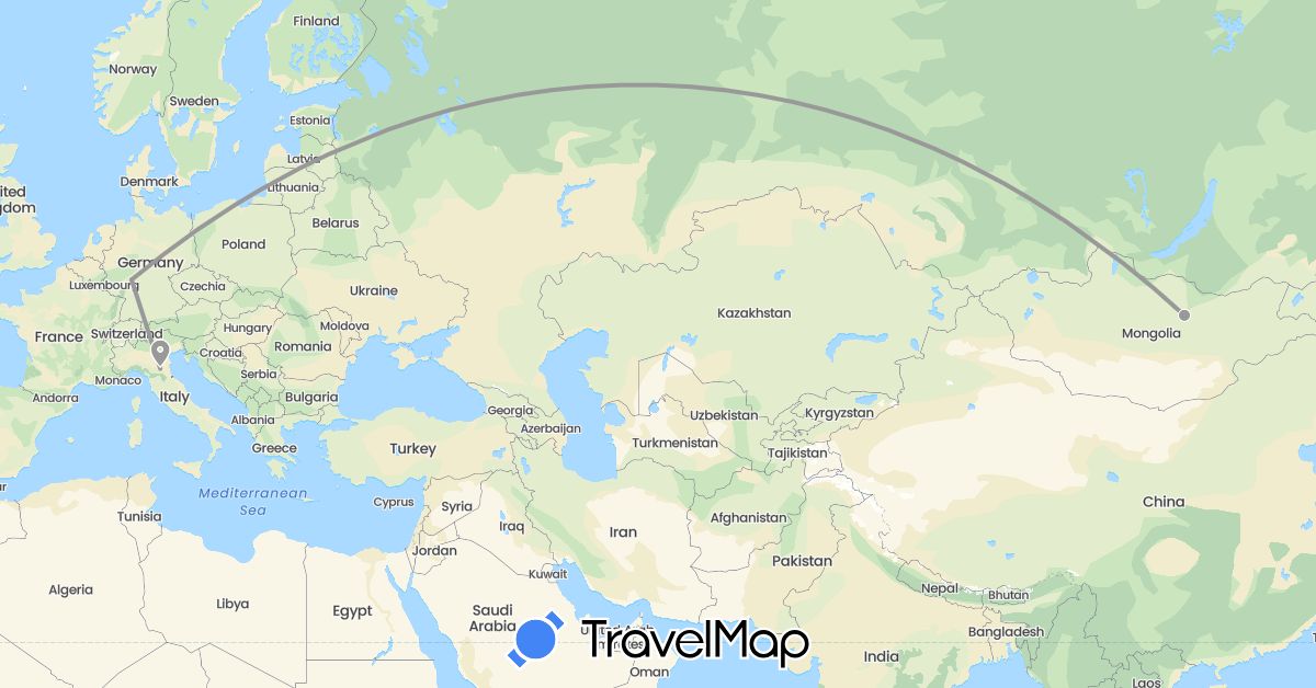 TravelMap itinerary: driving, plane in Germany, Italy, Mongolia (Asia, Europe)